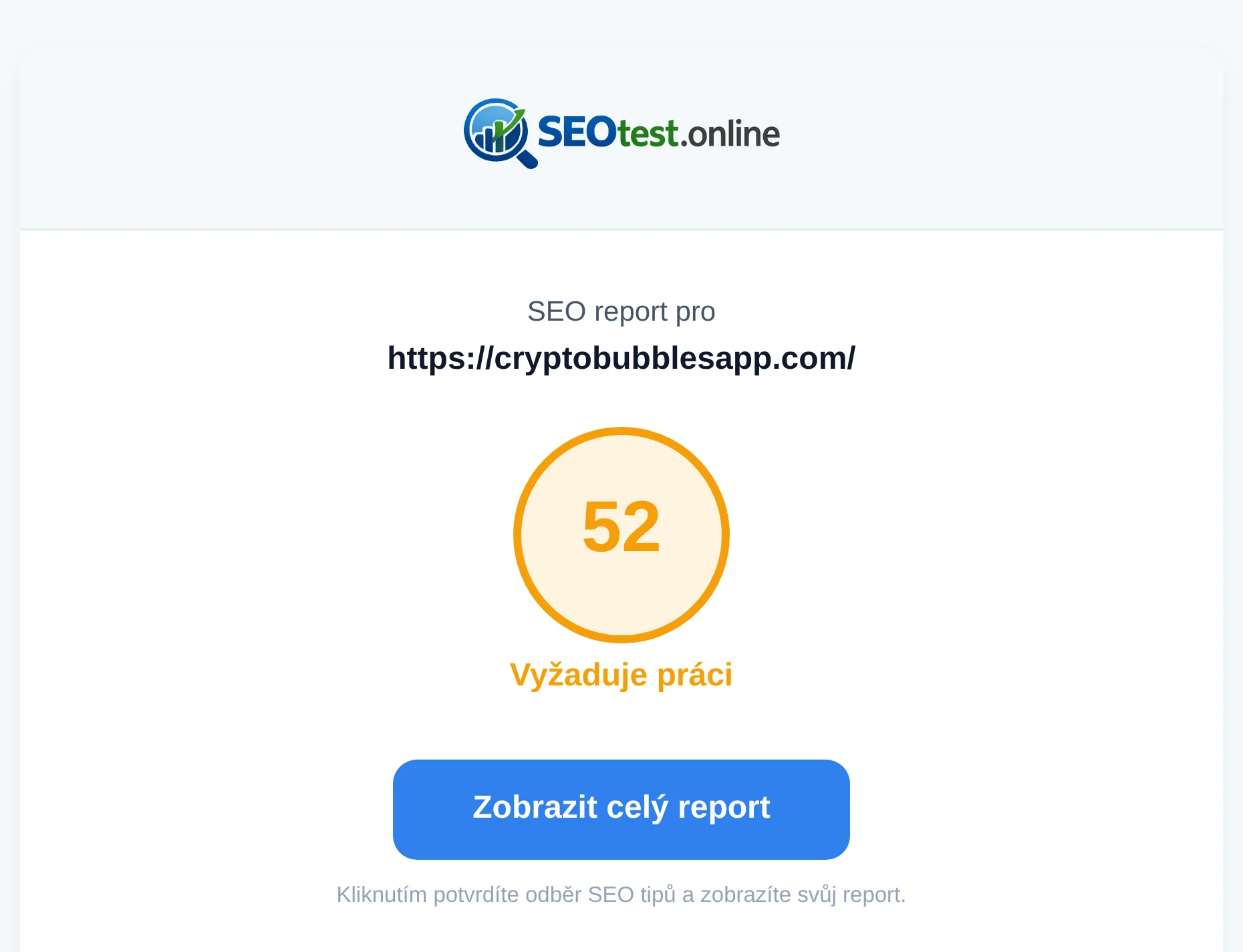 E-mail s odkazem na hotový SEO report, adresou testovaného webu a celkovým skóre